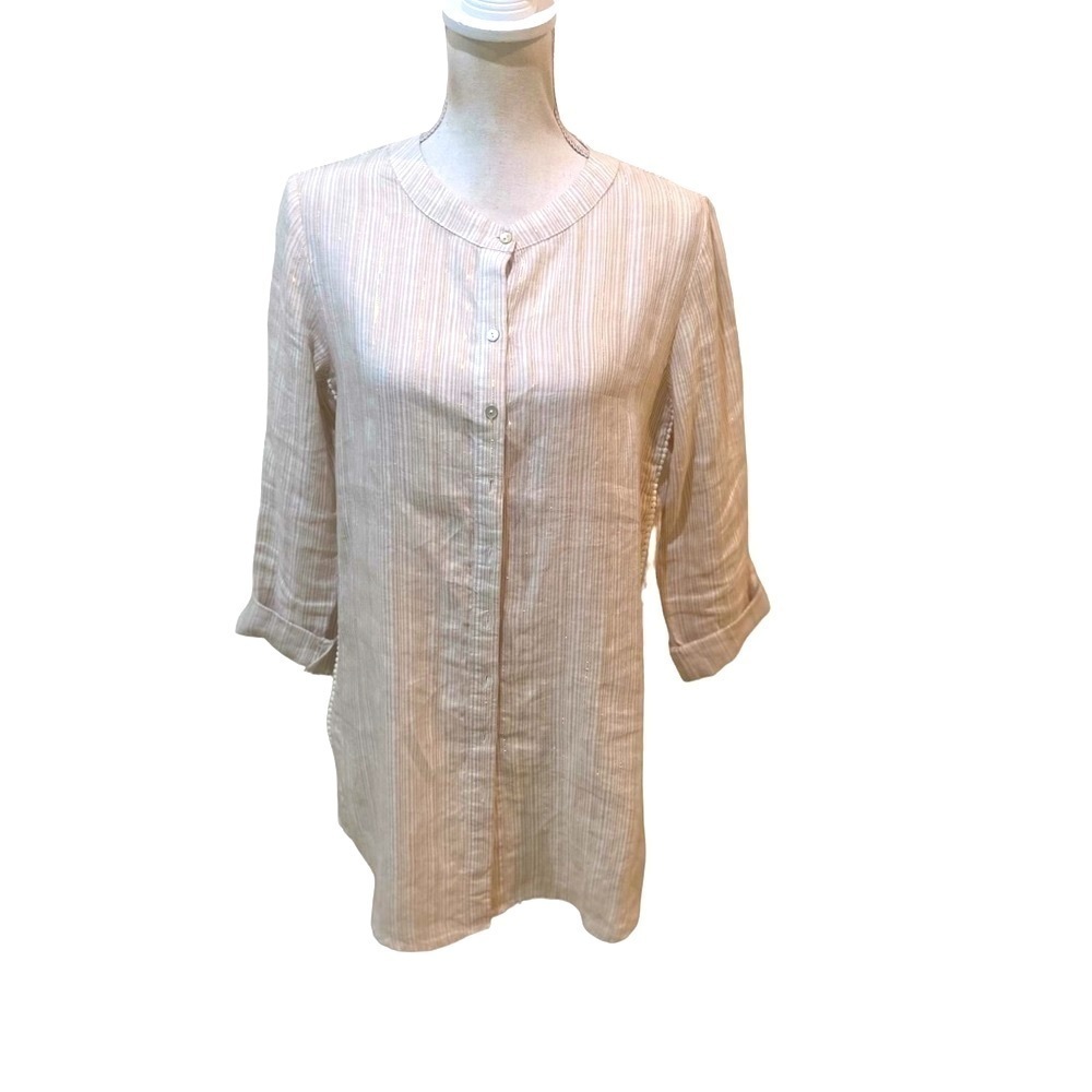 Antibes Blanc linen metallic stripe blush  collarless button down shirt small